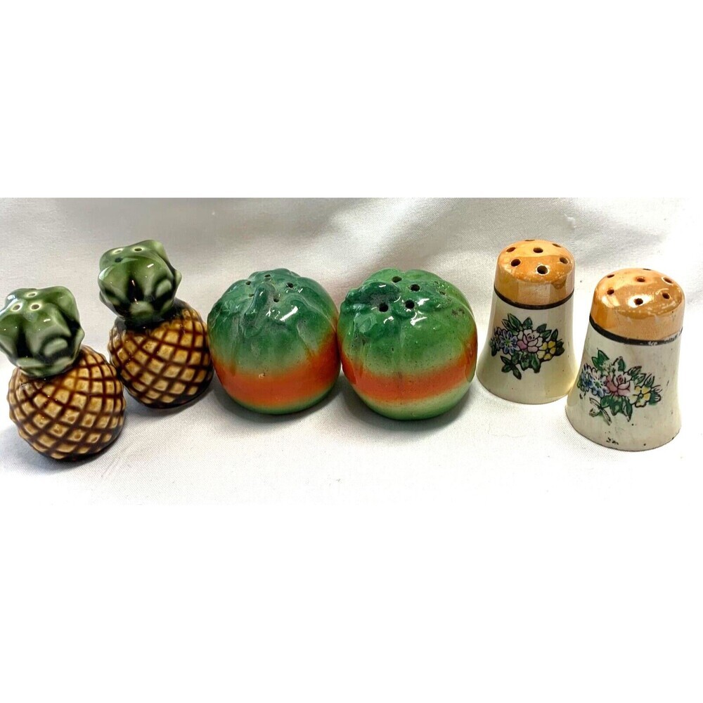 Lot of 3 Sets of Vintage Mini Salt & Pepper Set Pineapple, Floral, Pumpkin